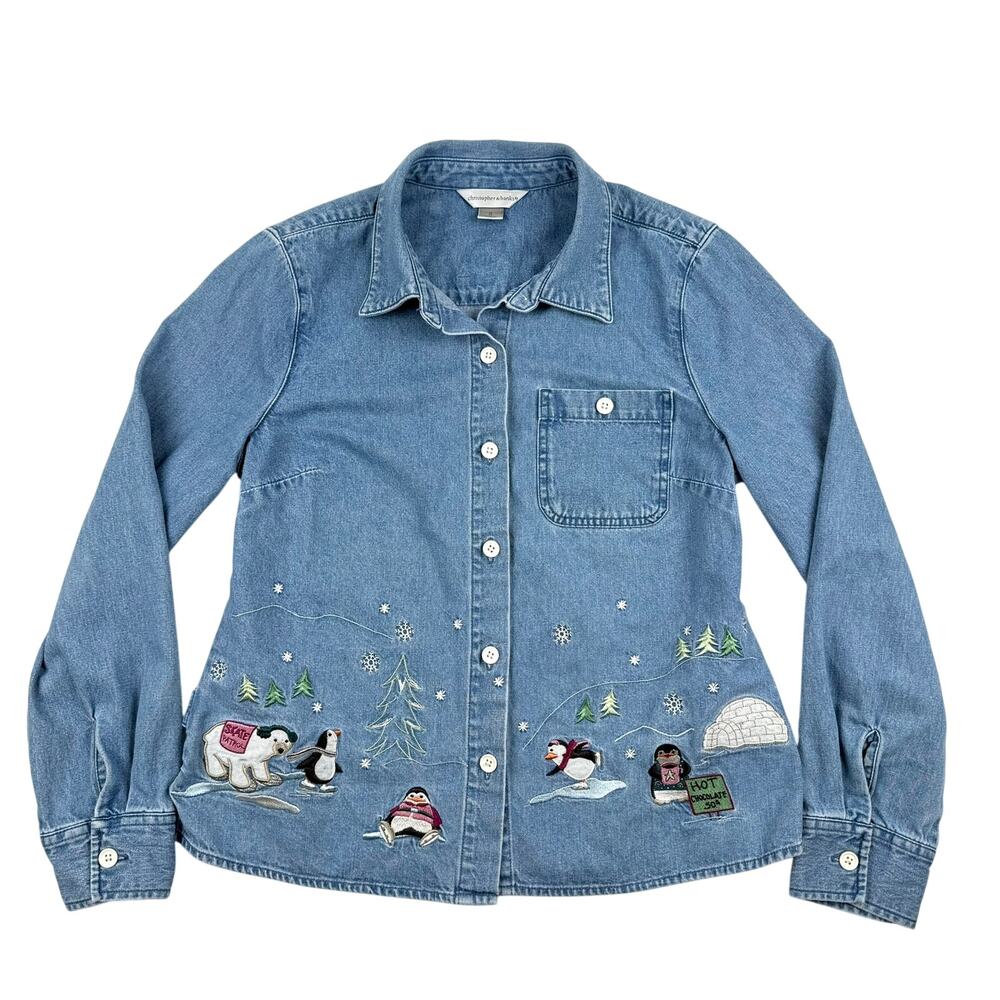 Christopher & Banks Embroidered Denim Shirt Jacket Winter Festive Holiday S